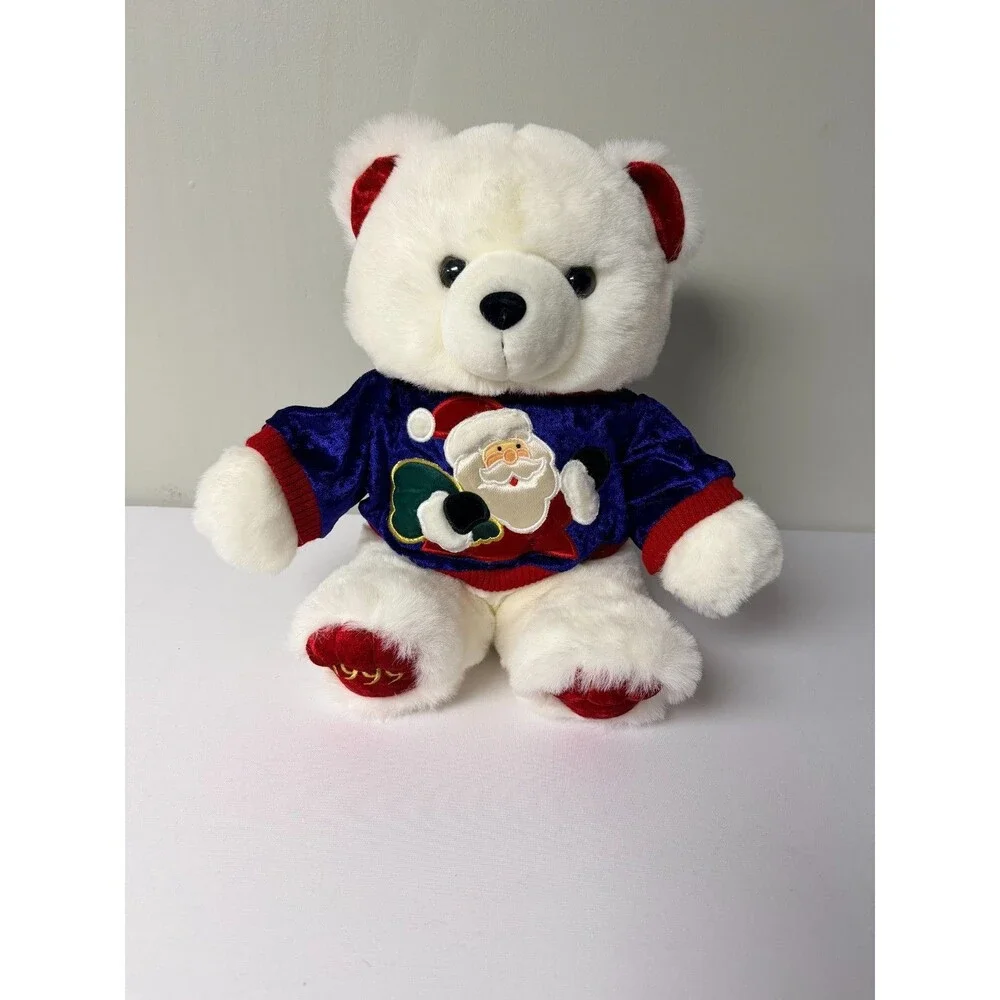 Vintage 1999 Christmas Teddy Bear White Plush Santa Sweater 14in